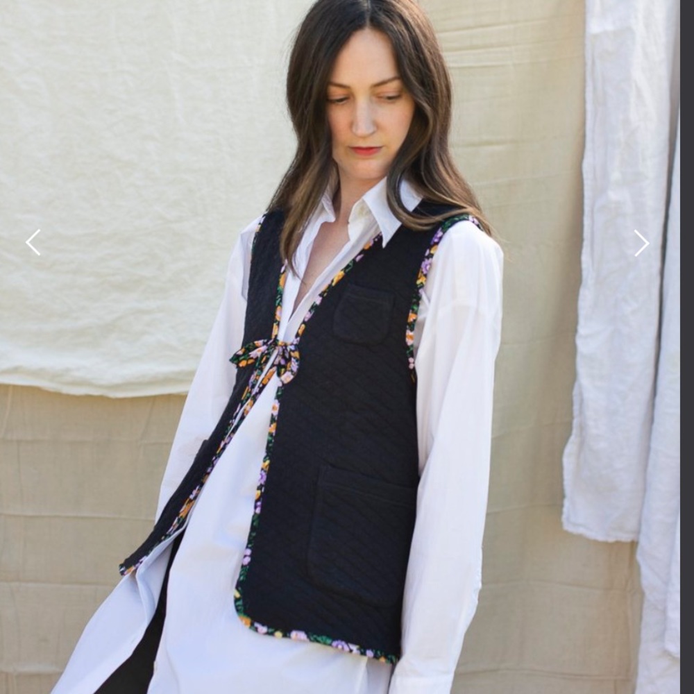 Cozy Black Quilted Vest with Floral Trim